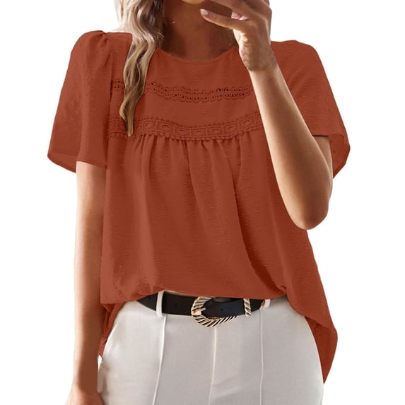 Womens Tops Shirts Solid Color Short Sleeve Crew Neck Lace Hollow Design Summer Plain Tees Blouses Brown S