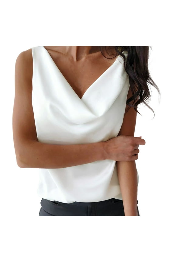 Womens Tops Shirts Solid Color Silk Satin Tank Cowl Neck Casual Sleeveless Camisole Summer Basic Loose Plain Tees Blouses White M