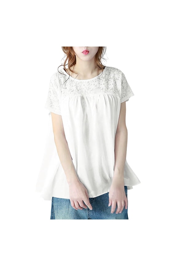 Womens Tops Shirts Solid Color Summer Casual Loose Lace Short Sleeve Plain Tees Blouses White M