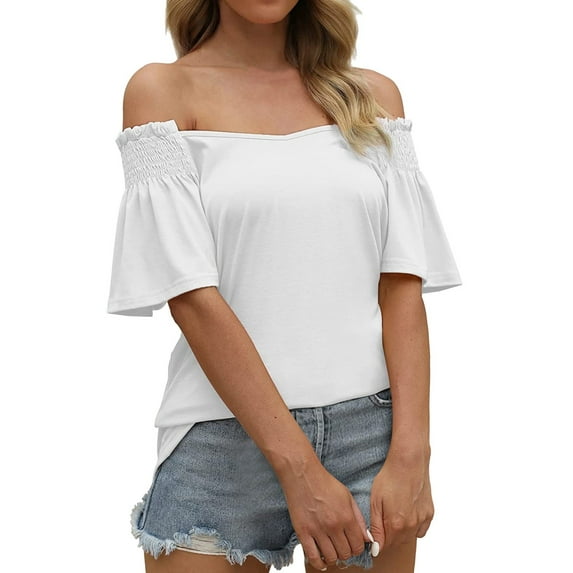 Womens Tops Shirts Solid Color Summer Casual V Neck Ruffle Short Sleeve Loose Fit Flowy Plain Tees Blouses White M