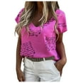 thumbnail image 1 of Womens Tops Shirts V-Neck Collar Printed Short Sleeve Fold Casual Women Tees Blouses Hot Pink XL, 1 of 7