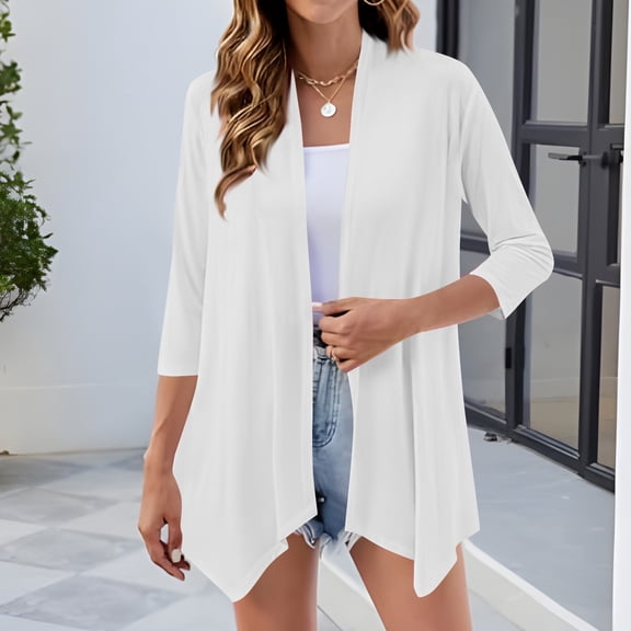 Womens Tops,Shirts for Women Plus Size 3/4 Sleeve Solid Color Cardigan Casual Cardigans White XXL