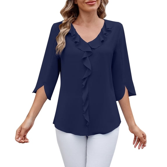 Womens Tops Short Sleeve 2025 Chiffon Shirt Mid Sleeved V Neck Pleated Ruffled Loose Top Mid Sleeved V Neck Top Fashion Clothes Blouses Dressy Casual Women