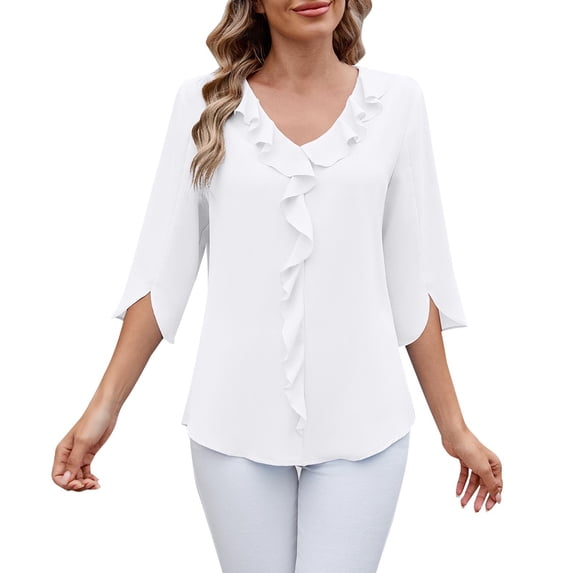 Womens Tops Short Sleeve 2025 Chiffon Shirt Mid Sleeved V Neck Pleated Ruffled Loose Top Mid Sleeved V Neck Top Fashion Clothes Blouses Dressy Casual Women