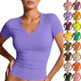 thumbnail image 1 of Womens Tops Short Sleeve Basic Tees Casual V Neck Slim Fitted T-Shirts Summer 2026 Trendy Fashion,Purple Pink M, 1 of 8