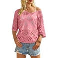 thumbnail image 1 of Womens Tops Short Sleeve Beige Crochet V Neck Long Sleeve Summer Cruise Cover Oversized Tshirts, 1 of 4
