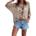 thumbnail image 1 of Womens Tops Short Sleeve Beige Crochet V Neck Long Sleeve Summer Cruise Cover Oversized Tshirts, 1 of 4