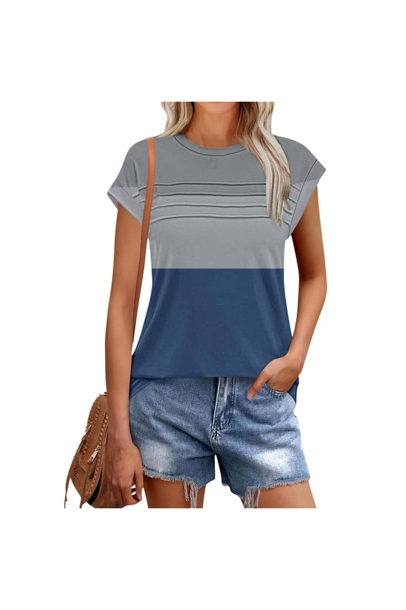 Womens Tops Short Sleeve Blouse, Xunlbb Women's New Round Neck Short Sleeved Pleated Casual Top T-shirt ,Women's Tops for Workout/Running/Hawaiian Beach Vacation Blue 2