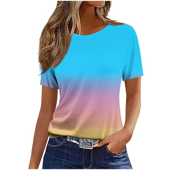 Womens Tops Short Sleeve Blouses Gradient Tee Shirts Crewneck Pullover T-shirt Summer Basic Outfit