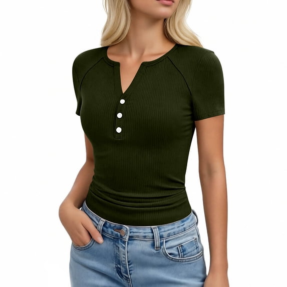 Womens Tops Short Sleeve Button V-Neck T Shirts Slim Stretchy Going Out Top for Women Gifts for Mom