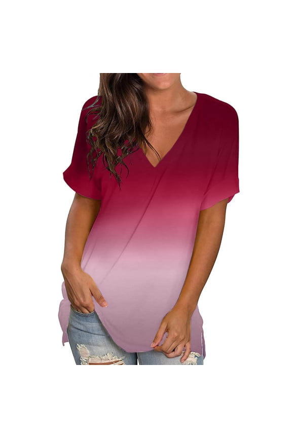 Womens Tops Short Sleeve Casual Summer Tops Floral V Neck Tee T Shirt Printed Loose Side Split Tunic Fashion Clothes Blouses Dressy Casual Women