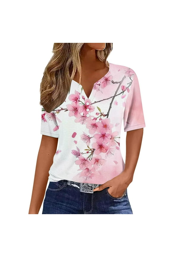 Womens Tops Short Sleeve Ladies' Spring/Summer Casual Printed Short Sleeve Button V-Neck