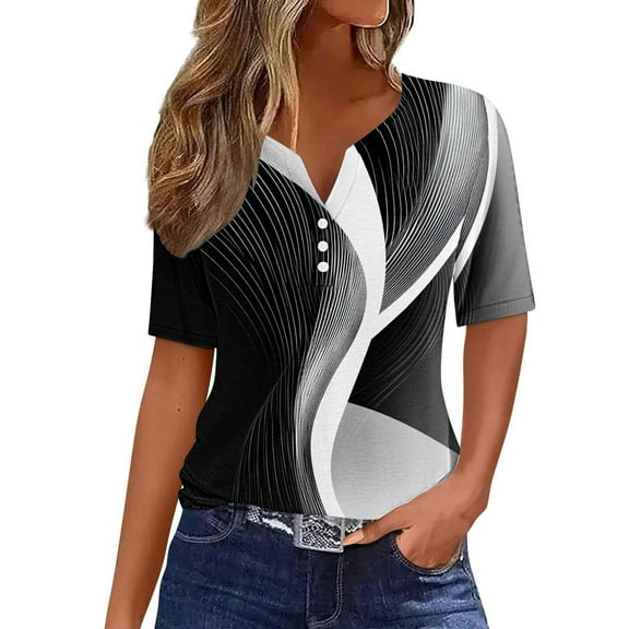 Womens Tops Short Sleeve Women's Fashion Printed Short Sleeves Blouse Round Neck Casual