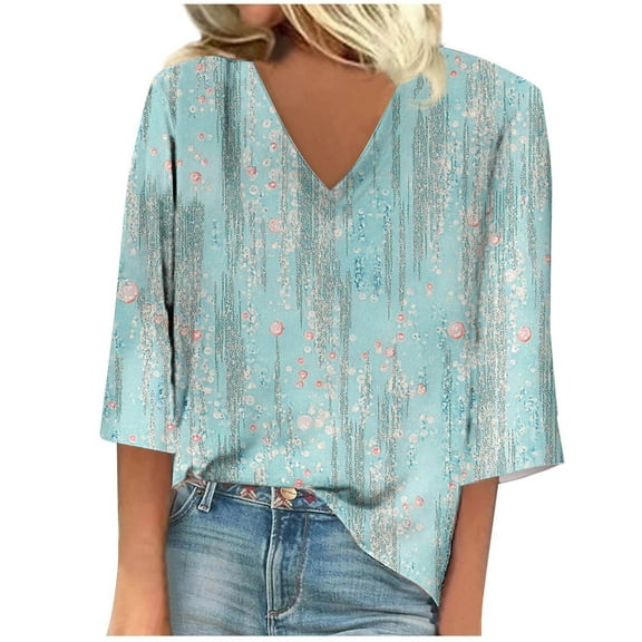 Womens Tops Short Sleeve Women's Long Sleeve Summer V Neck Casual Regular Printed Blouse