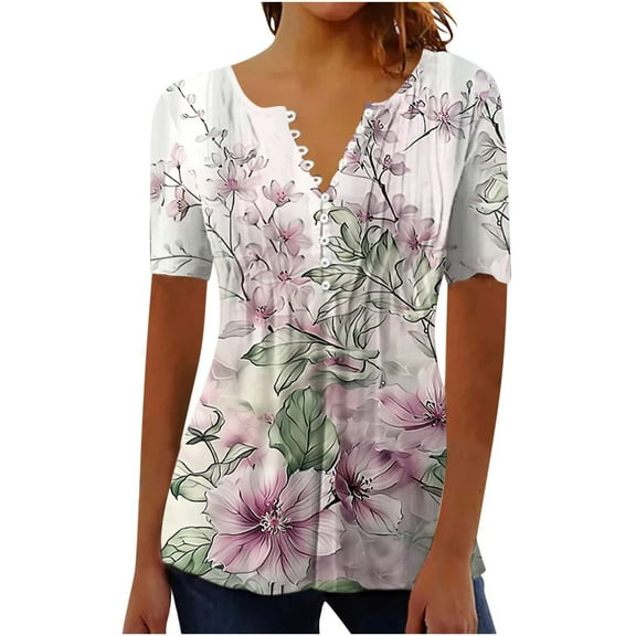 Womens Tops Short Sleeve Women's New Short Sleeve V-Neck Pleated Button Casual Print