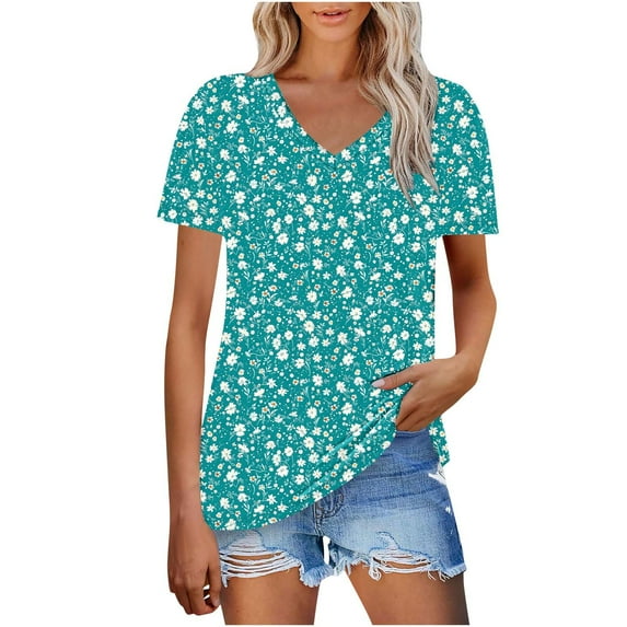 Womens Tops Short Sleeve Women's New Short-sleeved V-Neck Pullover Casual Printed Fashion