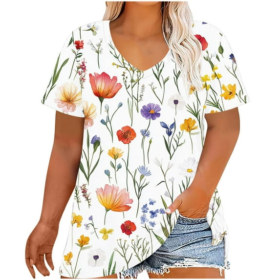 Womens Tops Short Sleeve Women's Plus Size V-Neck Printing Short Sleeve Solid Color Summer Base T-Shirt