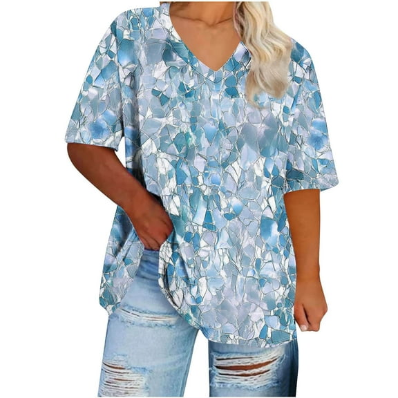 Womens Tops Short Sleeve Women's Plus Size V-Neck Printing Short Sleeve Solid Color Summer Base T-Shirt