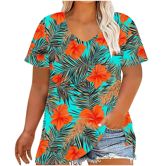Womens Tops Short Sleeve Women's Plus Size V-Neck Printing Short Sleeve Solid Color Summer Base T-Shirt