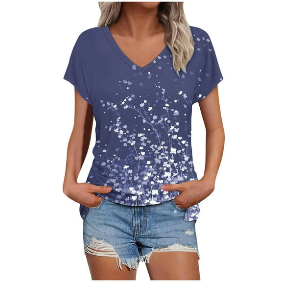 Womens Tops Short Sleeve Women's Printed V-Neck Short-sleeved T-Shirt Loose Short Sleeve