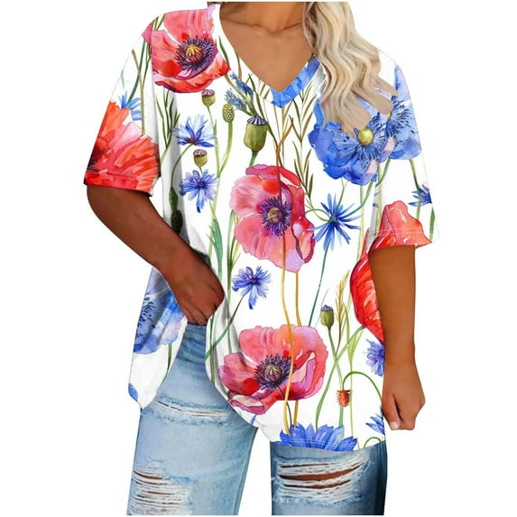 Womens Tops Short Sleeve Clearance Women's oversized-neck short sleeved printed summer undershirt sports T-Shirt