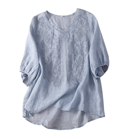 Womens Tops Short Sleeve Cotton And Linen Embroidered Loose Vintage Artistic Fashion T Shirt Top Fashion Clothes Blouses Dressy Casual Women