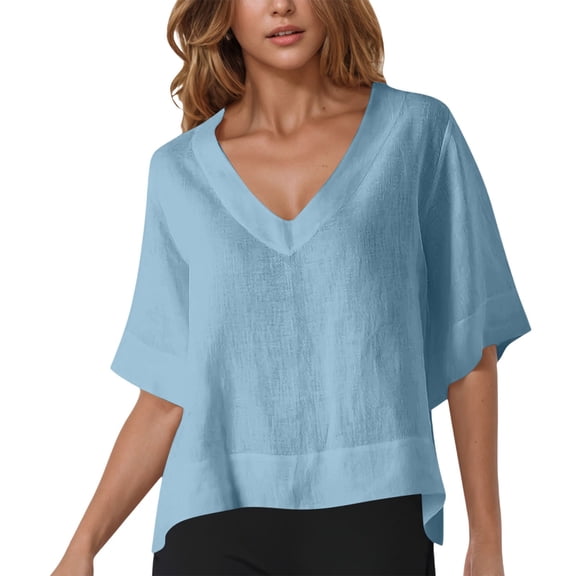 Womens Tops Short Sleeve Cotton Linen Shirts For Women Loose Fit V Neck Casual Tops Solid Color Summer T-Shirts For Women