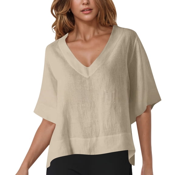 Womens Tops Short Sleeve Cotton Linen Shirts For Women Loose Fit V Neck Casual Tops Solid Color Summer T-Shirts For Women