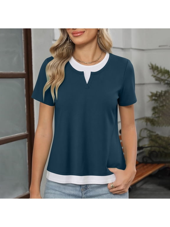 Womens Tops Short Sleeve Crew Neck T-Shirts Mock Double Layer Color Block Tees 4th of July Shirts Women