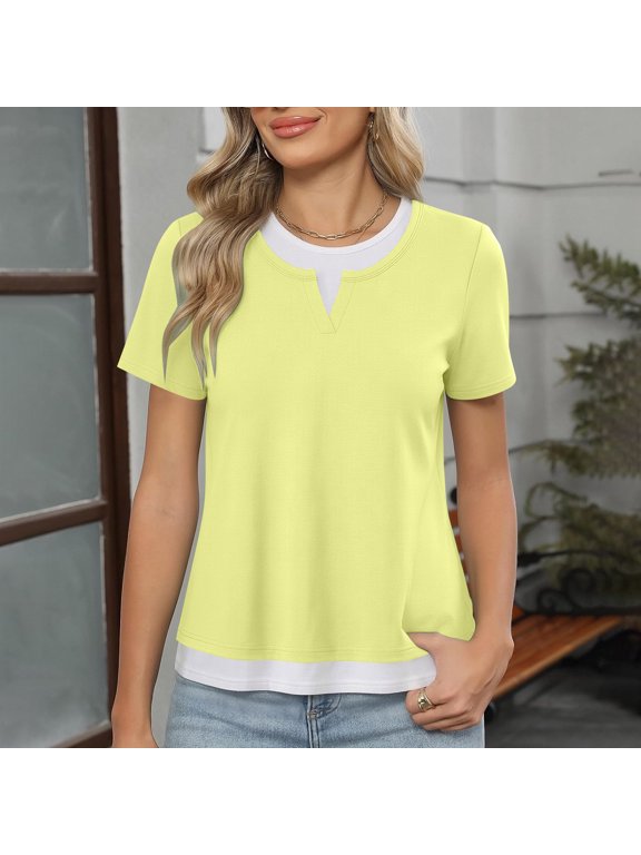 Womens Tops Short Sleeve Crew Neck T-Shirts Mock Double Layer Color Block Tees 4th of July Shirts Women