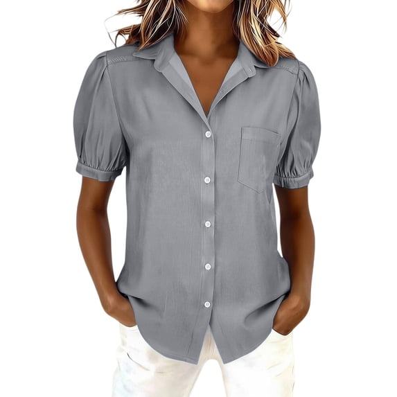 Womens Tops Short Sleeve Denim Shirt Casual Washed Distressed Puff Sleeve Button Up Shirts Blouses for Women Dressy Casual