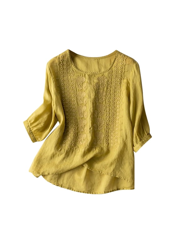 Womens Tops Short Sleeve Embroidered Cotton And Linen Lace Patchwork Shirt Fashion Clothes Blouses Dressy Casual Women