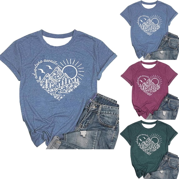 Womens Tops Short Sleeve Fashion Casual Gradient Printed Crew Neck T Shirt Top Basic Tees XXL