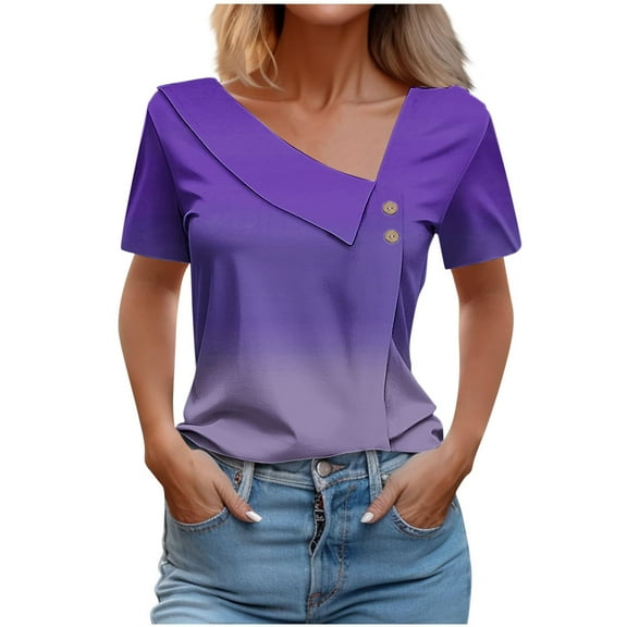 Womens Tops Short Sleeve Gradient Slanted Shoulder Neck Fashion Casual Short Sleeved Spring And Summer Top