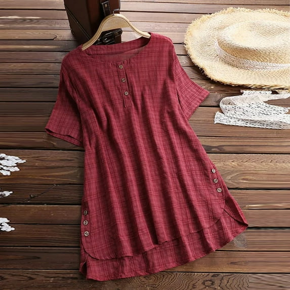 Womens Tops Short Sleeve Kaftan Baggy Button Cotton Solid Casual Tunic Blouse Plus Size Tops for Women