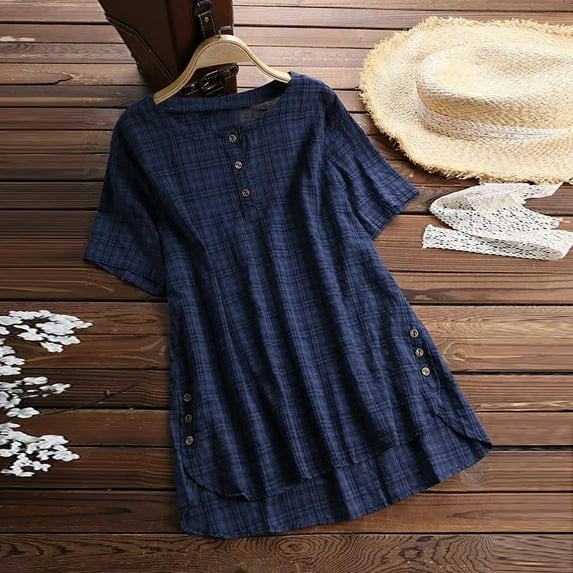 Womens Tops Short Sleeve Kaftan Baggy Button Cotton Solid Casual Tunic Blouse Plus Size Tops for Women