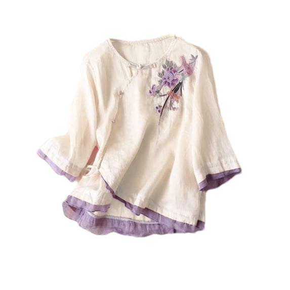 Womens Tops Short Sleeve Linen Tops Summer 3/4 Sleeve Chinese Frog Blouses Traditional Mandarin Embroidered Shirts Fashion Clothes Blouses Dressy Casual Women