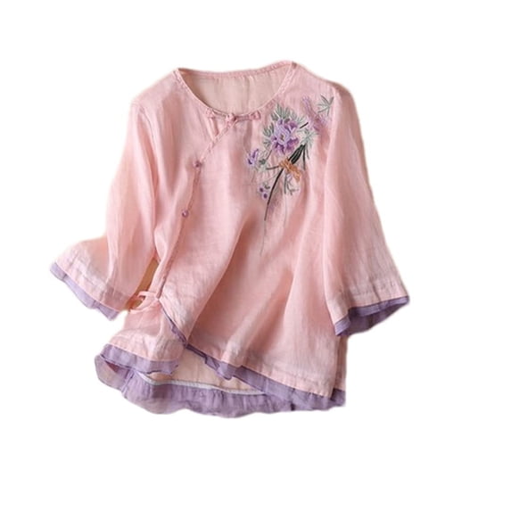 Womens Tops Short Sleeve Linen Tops Summer 3/4 Sleeve Chinese Frog Blouses Traditional Mandarin Embroidered Shirts Fashion Clothes Blouses Dressy Casual Women