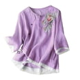 thumbnail image 1 of Womens Tops Short Sleeve Linen Tops Summer 3/4 Sleeve Chinese Frog Blouses Traditional Mandarin Embroidered Shirts Fashion Clothes Blouses Dressy Casual Women, 1 of 3