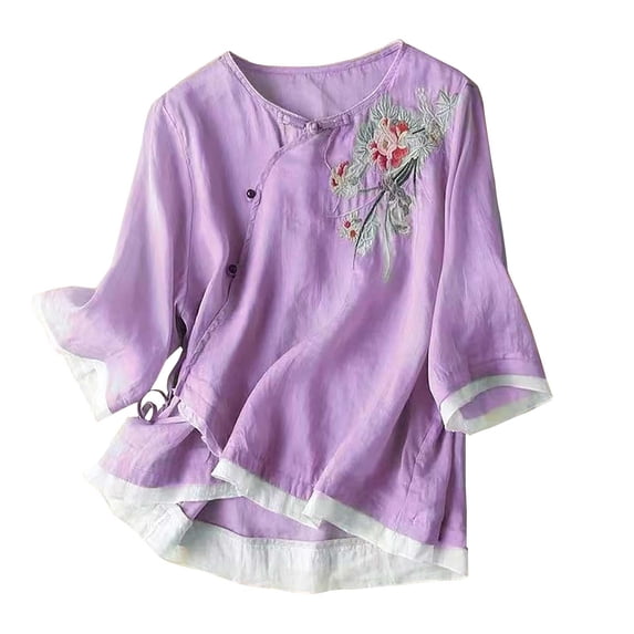Womens Tops Short Sleeve Linen Tops Summer 3/4 Sleeve Chinese Frog Blouses Traditional Mandarin Embroidered Shirts Fashion Clothes Blouses Dressy Casual Women