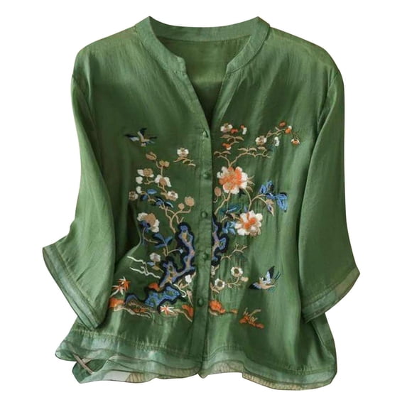 Womens Tops Short Sleeve Linen Tops Summer 3/4 Sleeve Chinese Frog Blouses Traditional Mandarin Embroidered Shirts Fashion Clothes Blouses Dressy Casual Women