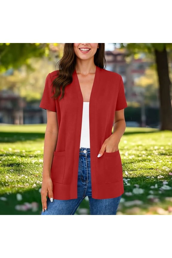 Womens Tops Short Sleeve Open Front Cardigans with Pockets Solid Color Summer Tees 4th of July Shirts Women