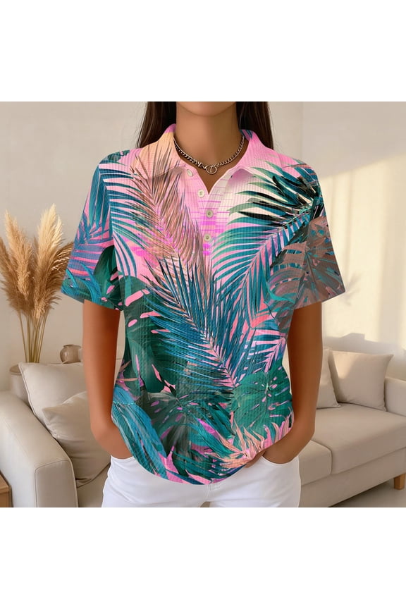 Womens Tops Short Sleeve Polo Shirts for Women V Neck Blouses Summer Tunics Shirts with Collar Henley Waffle Knit Hawaiian Shirt