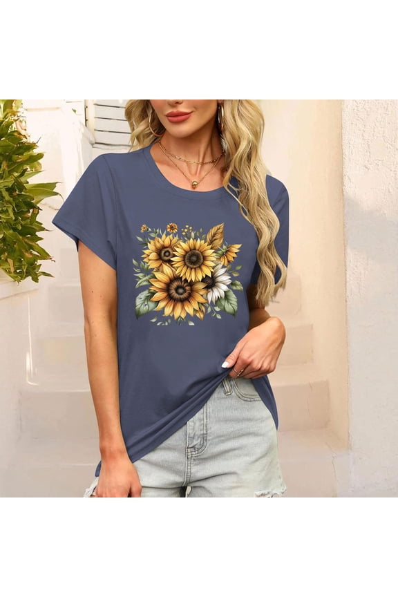 Womens Tops Short Sleeve Printed Round Neck Summer Tunic Tops Loose Tees Shirts Dark Blue S