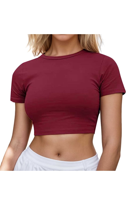 Womens Tops Short Sleeve Round Neck Basic Solid Wear Y2K Tops,Wine,M
