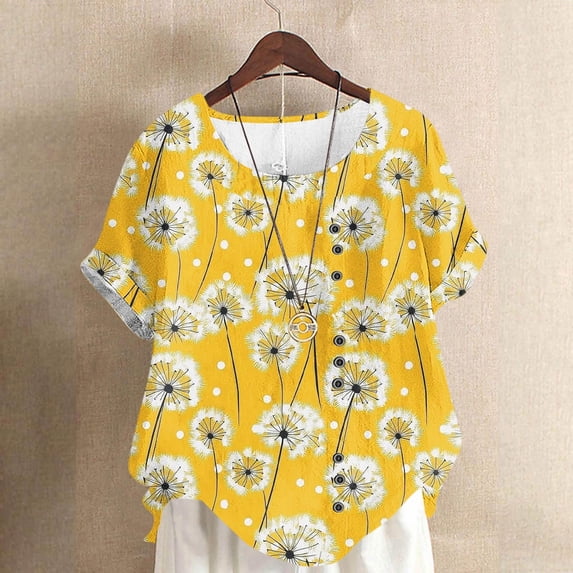 Womens Tops Short Sleeve Round-Neck Casual Linen Button Blouse Yellow XXXXXL