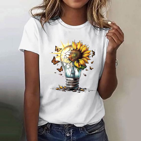 Womens Tops Short Sleeve Round Neck Floral Print T-shirt Multicolor M