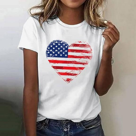Womens Tops Short Sleeve Round Neck Independence Day Printed T-shirt Multicolor M