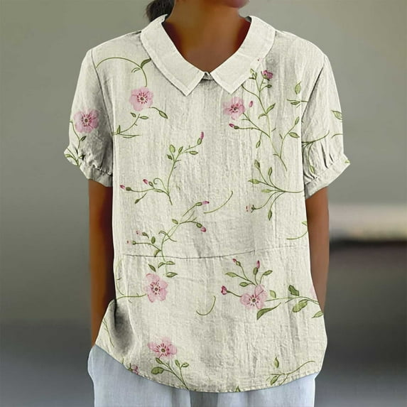 Womens Tops Short Sleeve Round Neck Printing Casual Cropped Loose Shirt Multicolor M