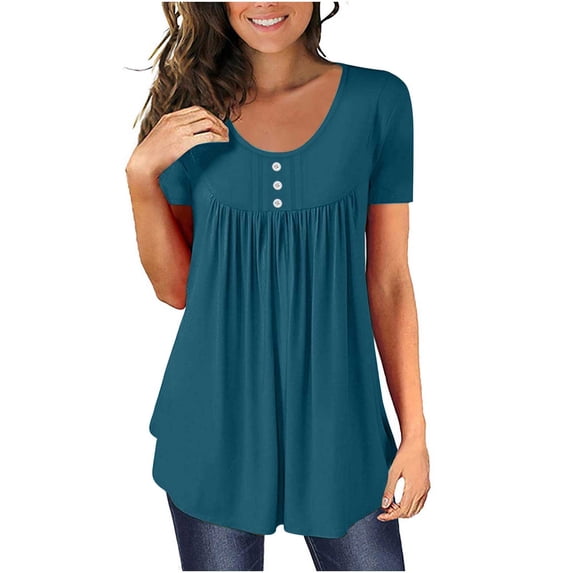 Womens Tops Short Sleeve Round Neck Swing Tunic T-Shirt Solid Button Shirt Ladies Blouse Plus Size Basic Tees Loose Fit Summer Clothes to Hide Belly Fat Casual Outfits